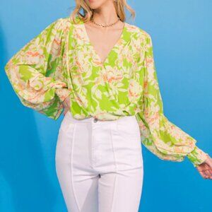Flying Tomato Neon Green and Orange Floral Long Sleeve Bodysuit NWOT